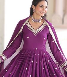 Magenta vichitra silk sequins embroidered gown with dupatta – fancy v neck, full sleeves (sizes 38–44)
