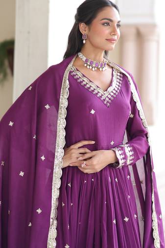 Magenta vichitra silk sequins embroidered gown with dupatta – fancy v neck, full sleeves (sizes 38–44)