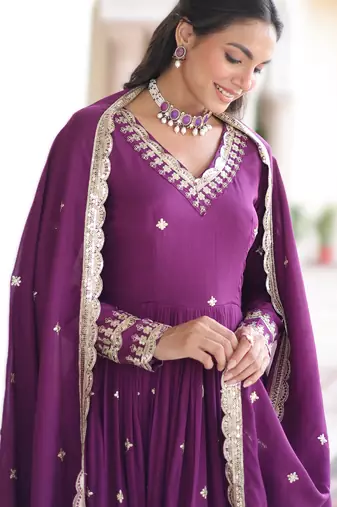 magenta vichitra silk sequins embroidered gown with dupatta fancy v neck full sleeves (sizes 38 44)