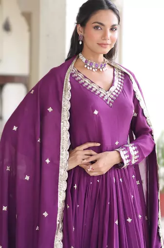 magenta vichitra silk sequins embroidered gown with dupatta fancy v neck full sleeves (sizes 38 44)