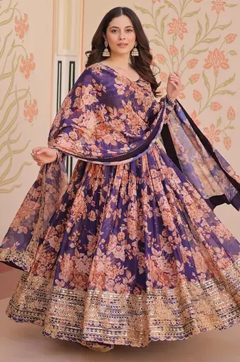 Purple russian silk floral digital print with embroidered sequins anarkali suit festive wear