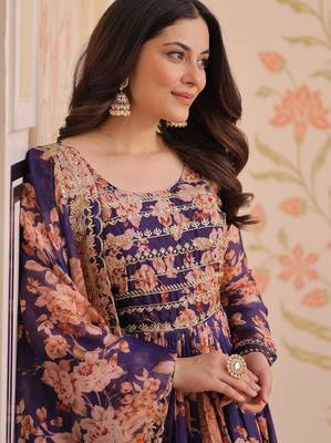 Purple russian silk floral digital print with embroidered sequins anarkali suit festive wear 4