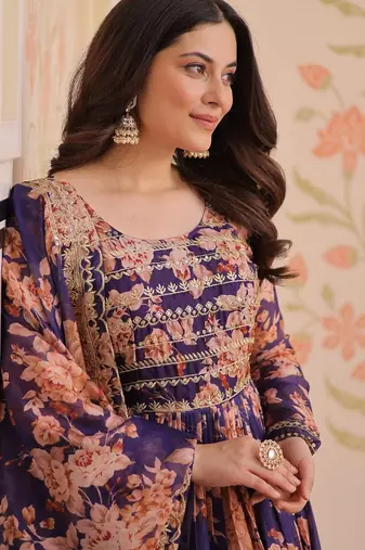 Purple russian silk floral digital print with embroidered sequins anarkali suit festive wear
