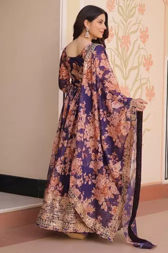 Purple russian silk floral digital print with embroidered sequins anarkali suit festive wear