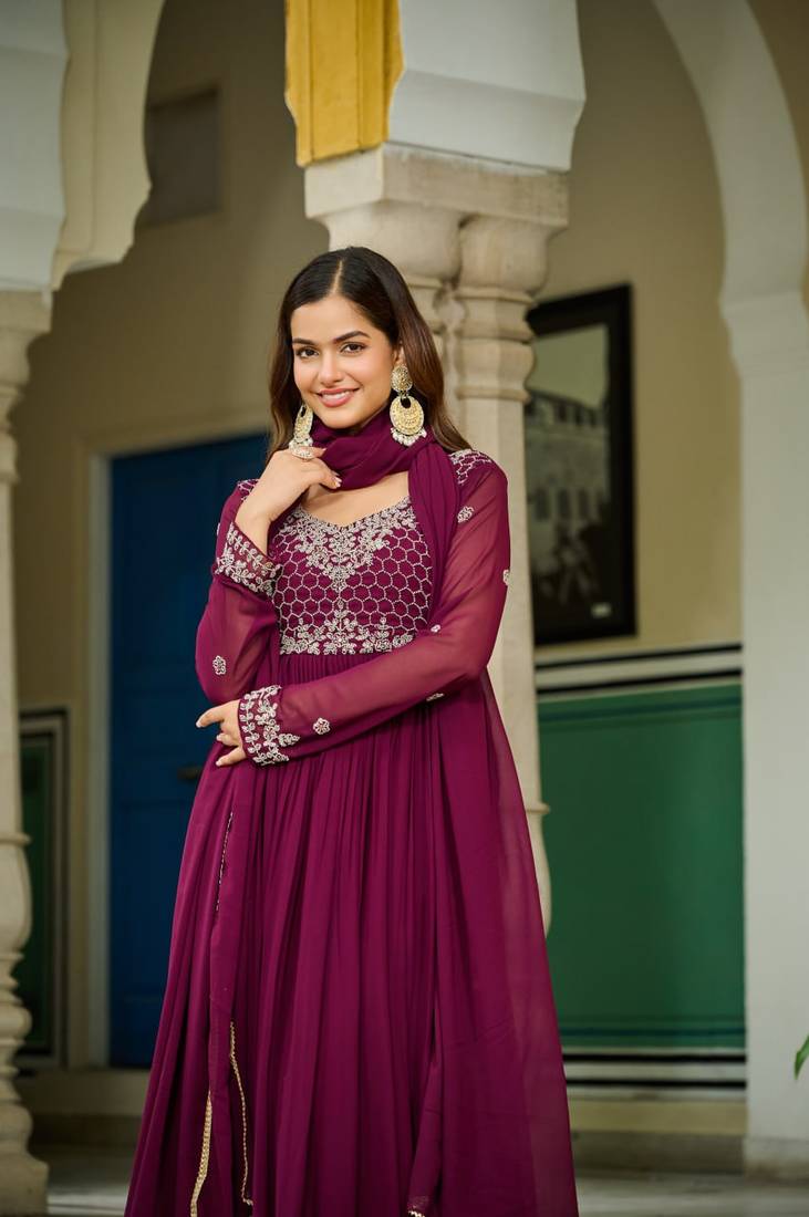 Embroidered readymade wine faux blooming anarkali gown with dupatta