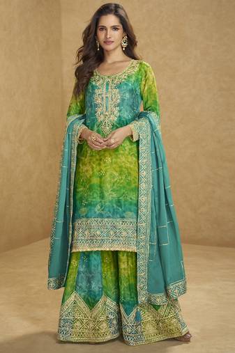 Light green chinon silk emboidered palazzo suit