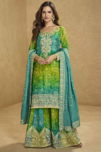 Light green chinon silk emboidered palazzo suit