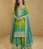 Light green chinon silk emboidered palazzo suit