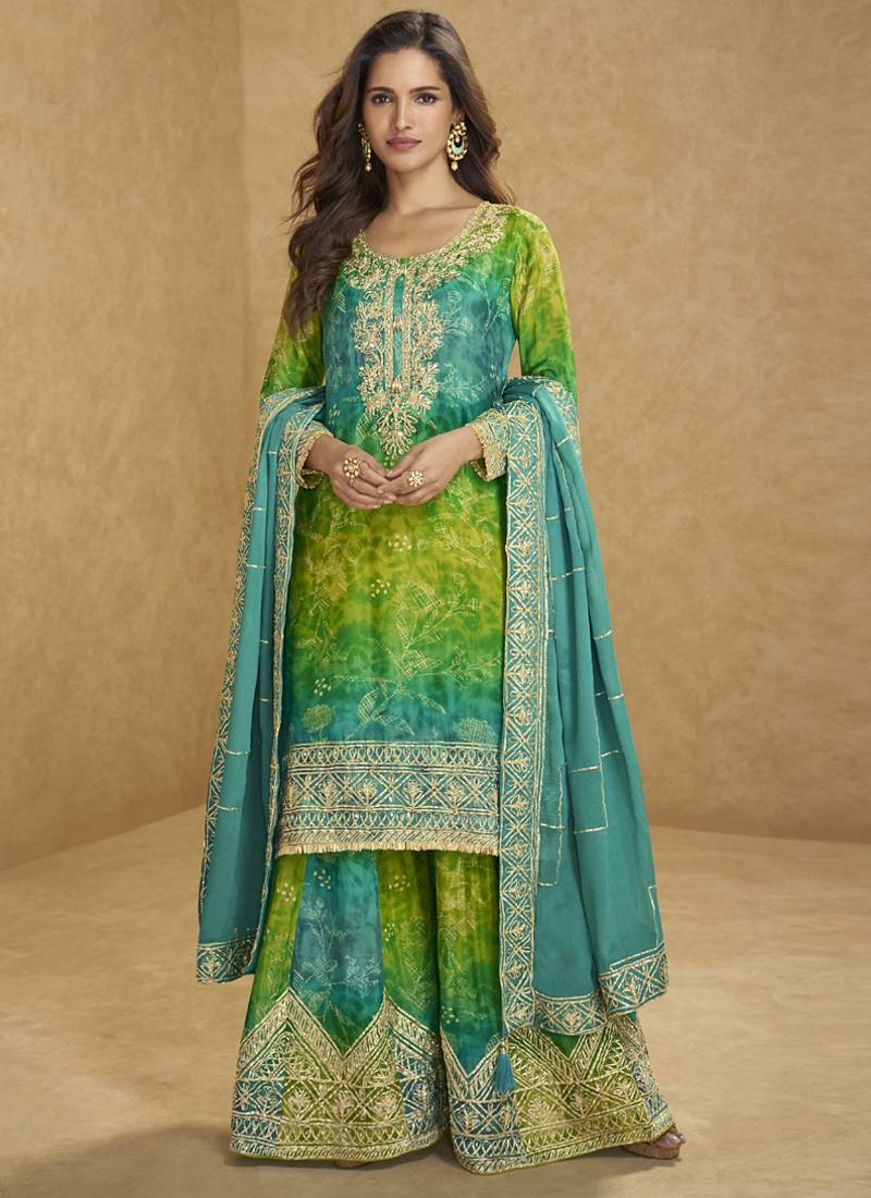 Light green chinon silk emboidered palazzo suit