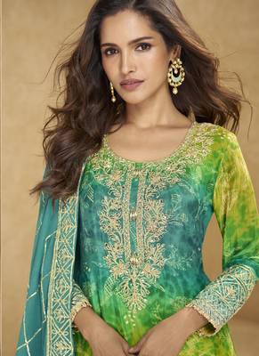 Light green chinon silk emboidered palazzo suit 2