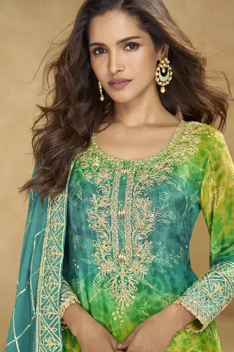 Light green chinon silk emboidered palazzo suit