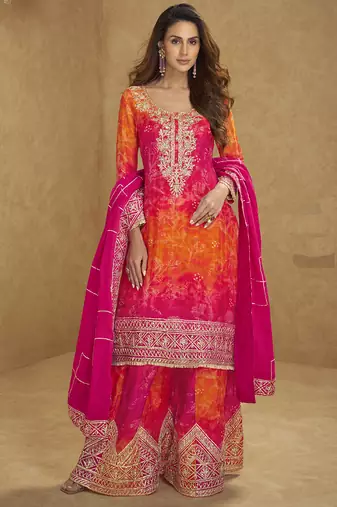 Orange and pink chinon silk emboidered palazzo suit
