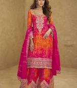Orange and pink chinon silk emboidered palazzo suit