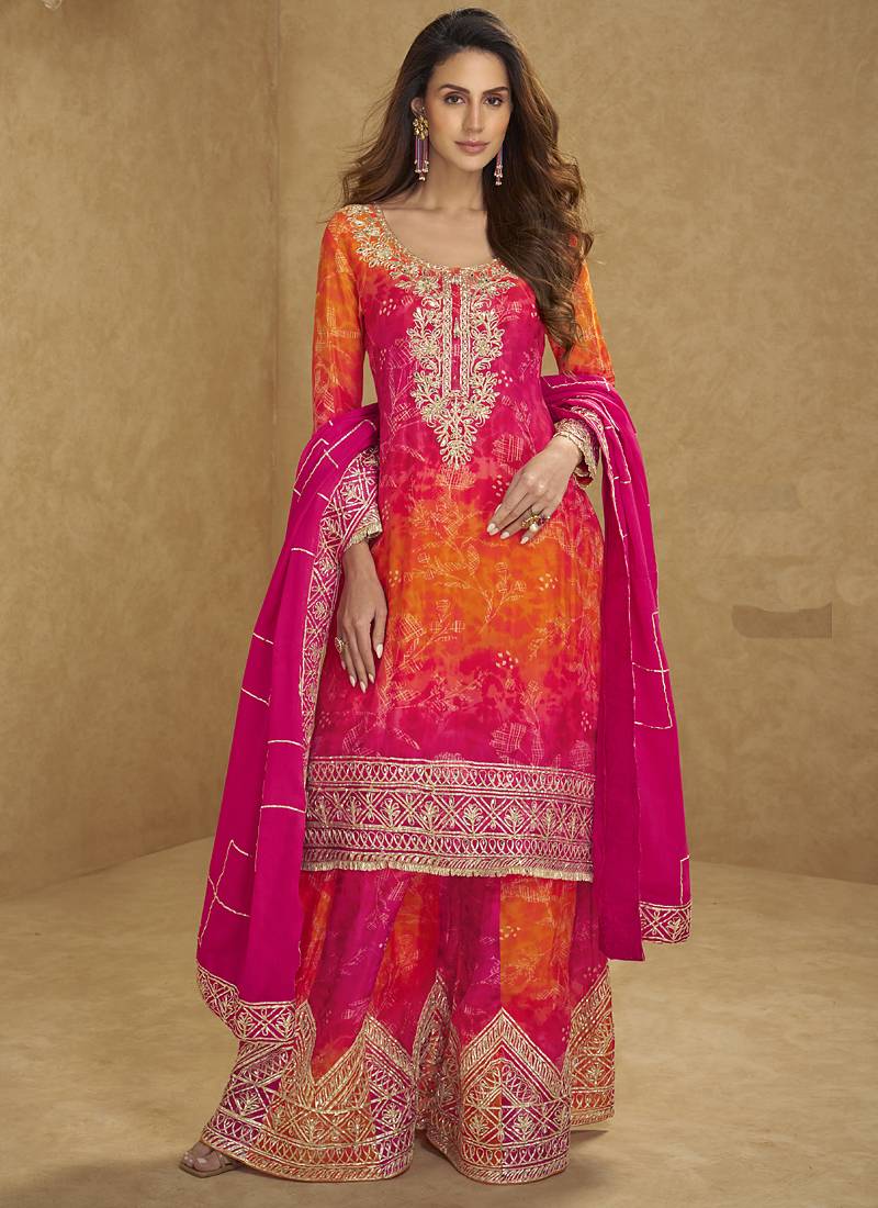 Orange and pink chinon silk emboidered palazzo suit