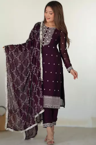 Wine ready-to-wear pure blooming rangoli silk straight fit kurta set with dupatta & trousers – wine/maroon