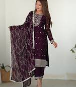 wine ready-to-wear blooming rangoli silk straight fit kurta set with dupatta & trousers wine/maroon