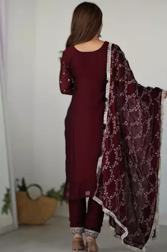 maroonblooming rangoli silk straight fit kurta set with dupatta & trousers
