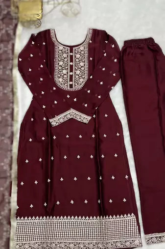 maroonblooming rangoli silk straight fit kurta set with dupatta & trousers