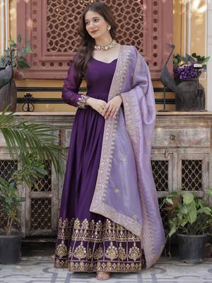 Purple Embroidered Georgette Gown With Dupatta 1