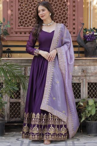 Purple Embroidered Georgette Gown With Dupatta