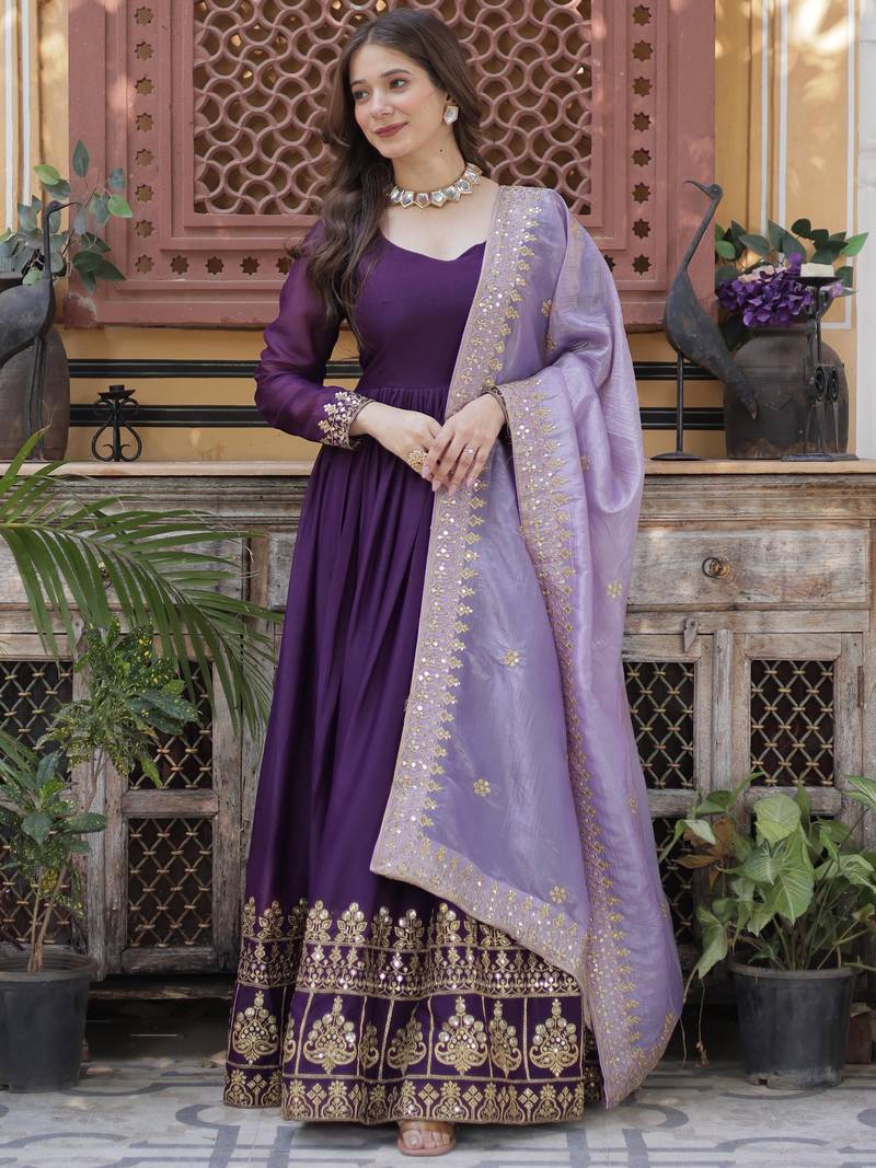Purple Embroidered Georgette Gown With Dupatta