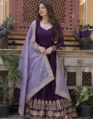 Purple Embroidered Georgette Gown With Dupatta 2