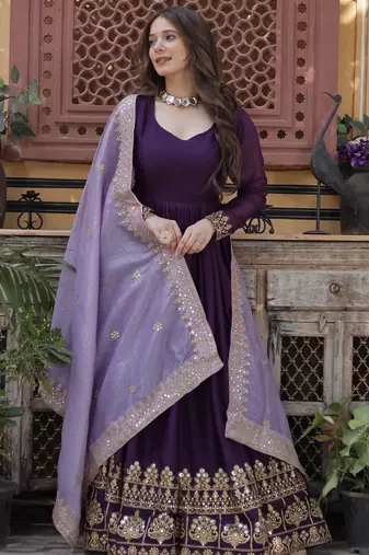 Purple Embroidered Georgette Gown With Dupatta