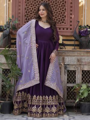 Purple Embroidered Georgette Gown With Dupatta 3