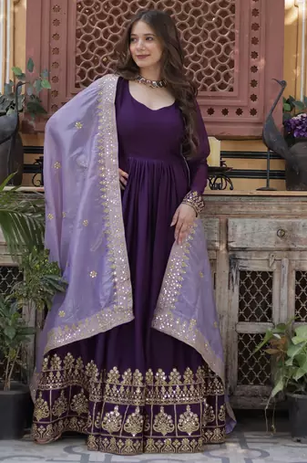 Purple Embroidered Georgette Gown With Dupatta