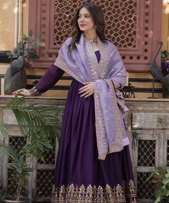 Purple Embroidered Georgette Gown With Dupatta 4