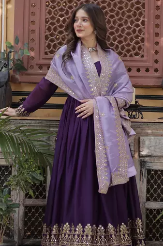 Purple Embroidered Georgette Gown With Dupatta