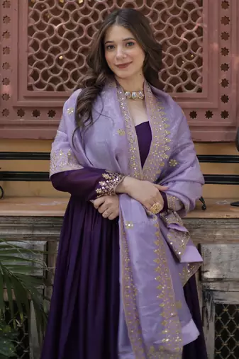 Purple Embroidered Georgette Gown With Dupatta
