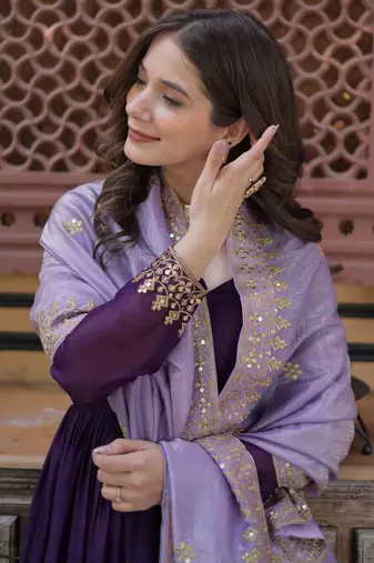Purple Embroidered Georgette Gown With Dupatta