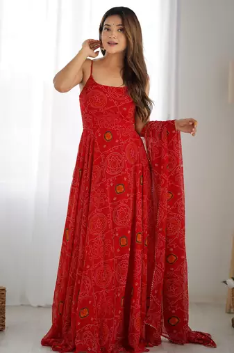  Red Bandhani Printed Chiffon Anarkali Gown With Dupatta