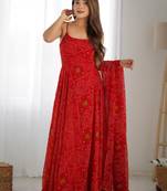  Red Bandhani Printed Chiffon Anarkali Gown With Dupatta