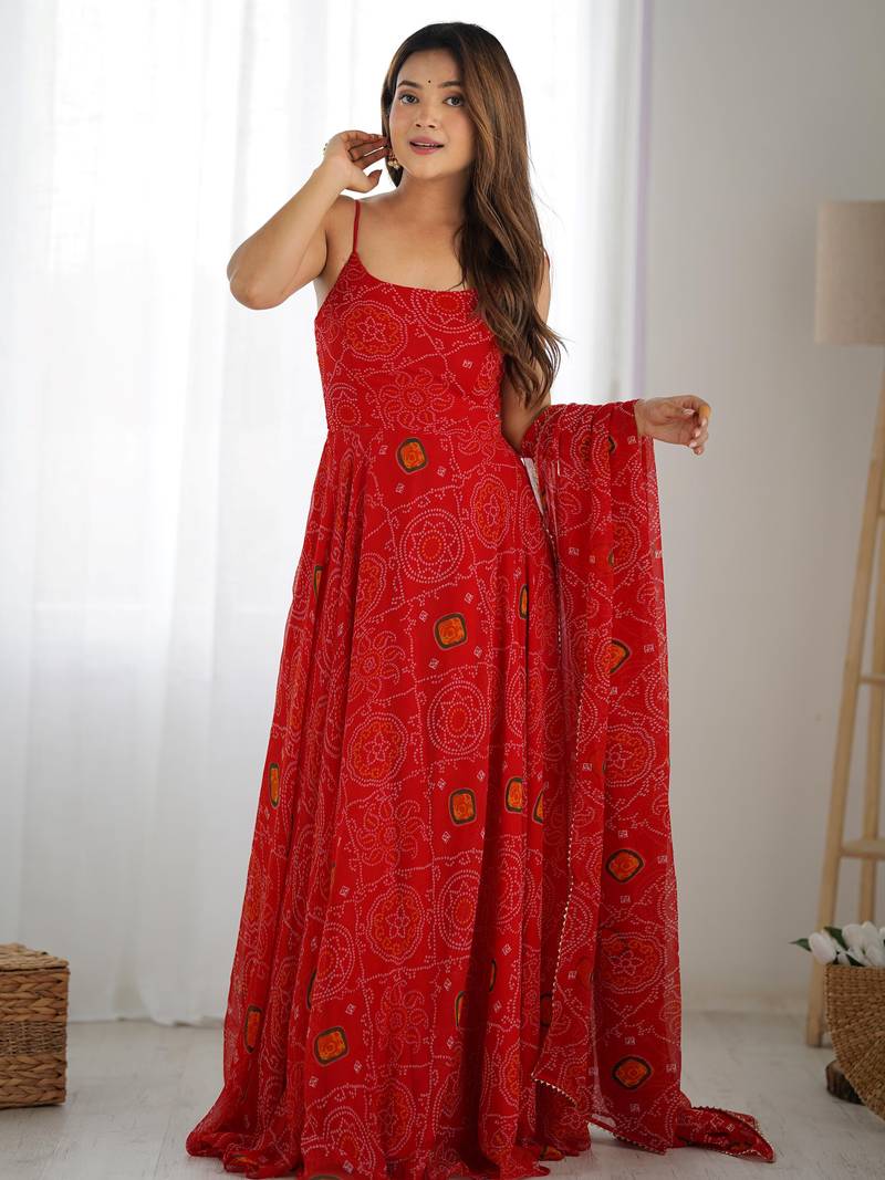  Red Bandhani Printed Chiffon Anarkali Gown With Dupatta