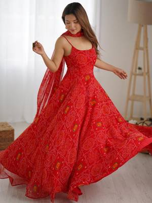  Red Bandhani Printed Chiffon Anarkali Gown With Dupatta 2