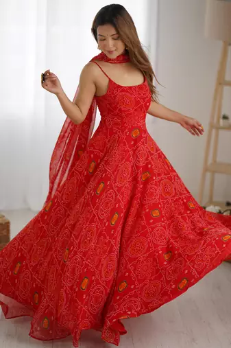  Red Bandhani Printed Chiffon Anarkali Gown With Dupatta
