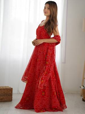  Red Bandhani Printed Chiffon Anarkali Gown With Dupatta 3