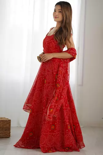  Red Bandhani Printed Chiffon Anarkali Gown With Dupatta