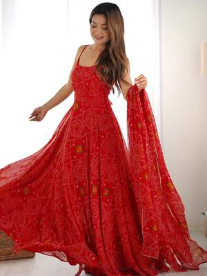  Red Bandhani Printed Chiffon Anarkali Gown With Dupatta 4