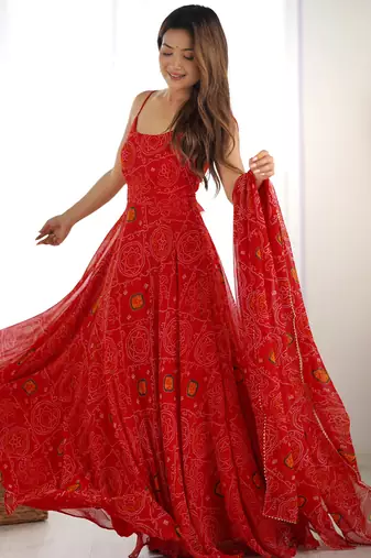  Red Bandhani Printed Chiffon Anarkali Gown With Dupatta