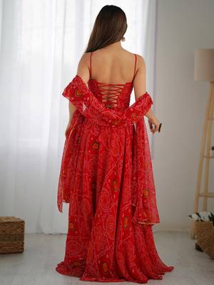  Red Bandhani Printed Chiffon Anarkali Gown With Dupatta 6
