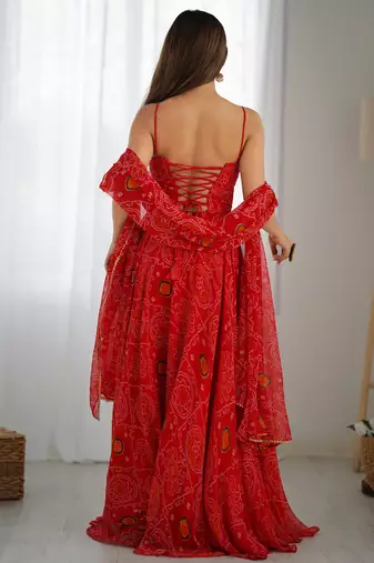 Red Bandhani Printed Chiffon Anarkali Gown With Dupatta
