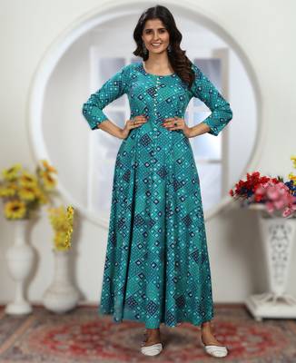dark blue chanderi & riyon export quality long kurti set with heavy najmin dupatta 1