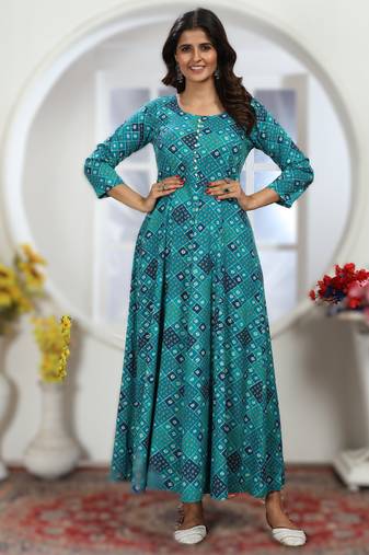 Dark blue premium chanderi & riyon export quality long kurti set with heavy najmin dupatta