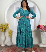 Dark blue premium chanderi & riyon export quality long kurti set with heavy najmin dupatta