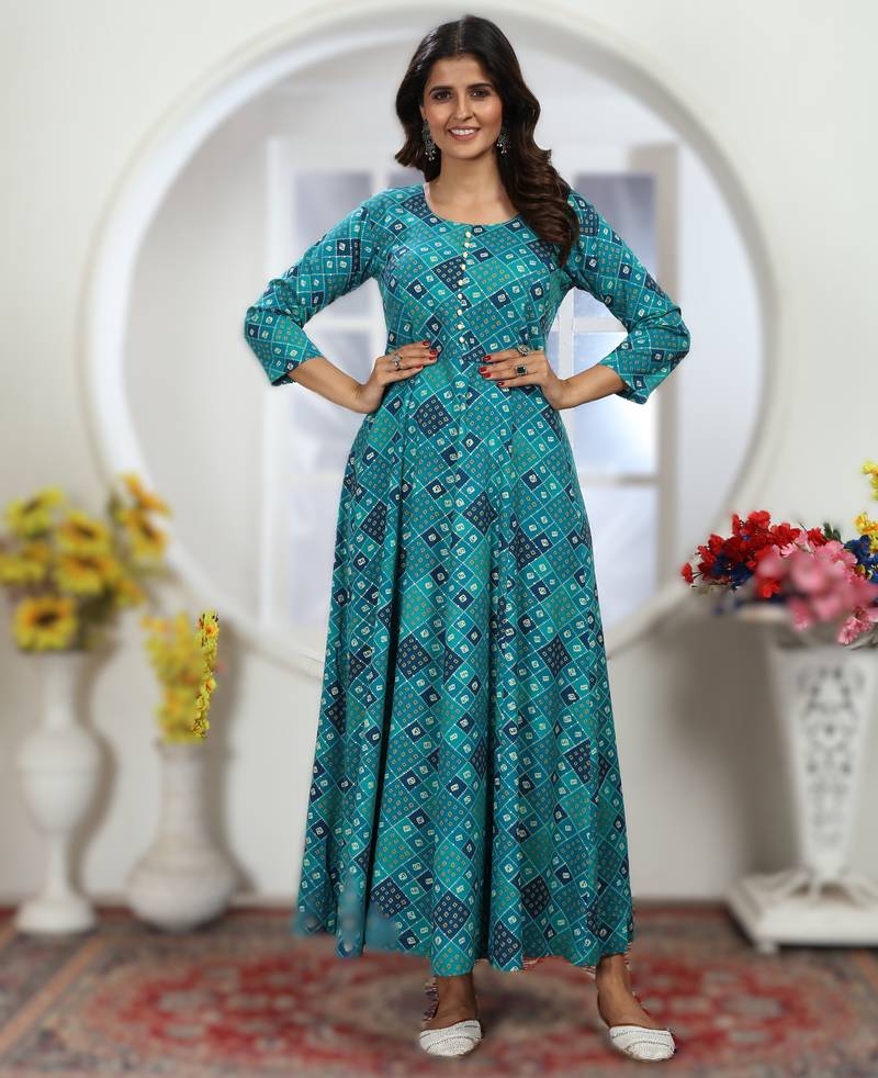 Dark blue premium chanderi & riyon export quality long kurti set with heavy najmin dupatta