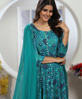 dark blue chanderi & riyon export quality long kurti set with heavy najmin dupatta 3