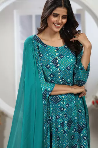 dark blue chanderi & riyon export quality long kurti set with heavy najmin dupatta